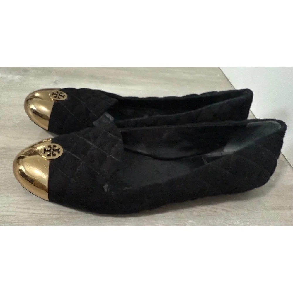 Tory Burch Quilted Suede Cap Toe Flats Women 7 Black Gold Good Logo Medallion